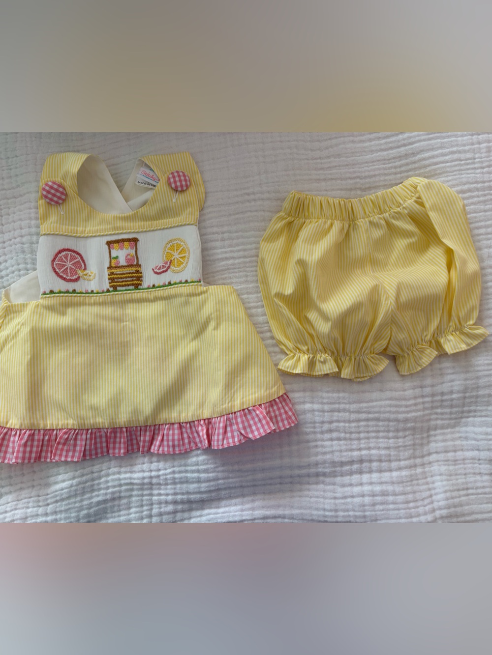 Yellow Gingham-Trim Lemon Appliqué Baby Dress & Bloomers